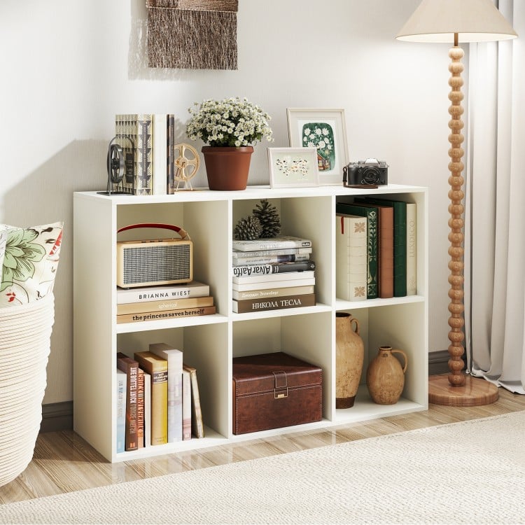 Modern 6-cube bookcase in white, featuring ample storage for decor and books, suitable for living rooms and bedrooms.