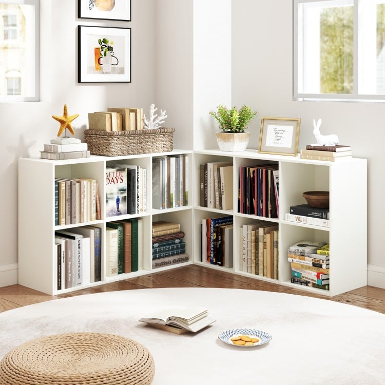 Modern 6-cube bookcase in white, featuring ample storage for decor, suitable for living rooms and bedrooms.
