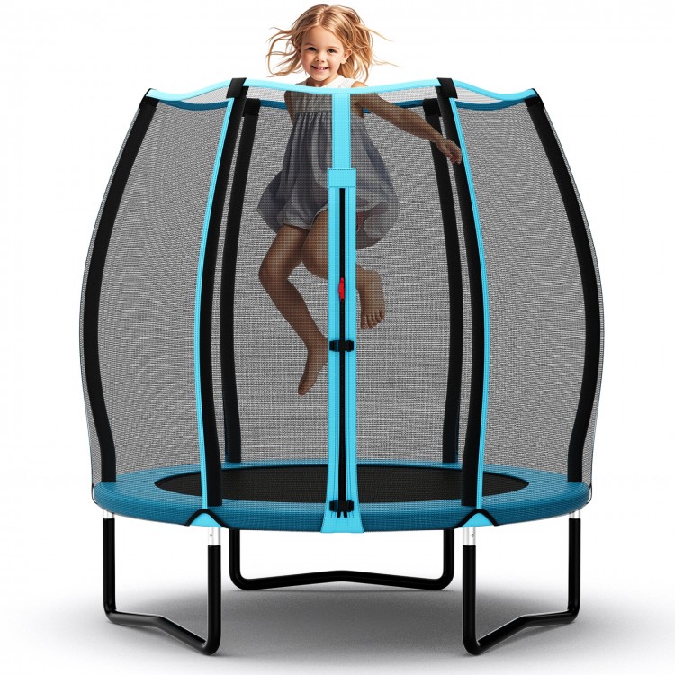 55-inch blue trampoline for kids with safety enclosure net, featuring strong bungee cords and a stable frame for.