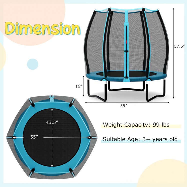 55-inch blue trampoline for kids with safety enclosure net, featuring a robust frame and W-shaped legs for stability.