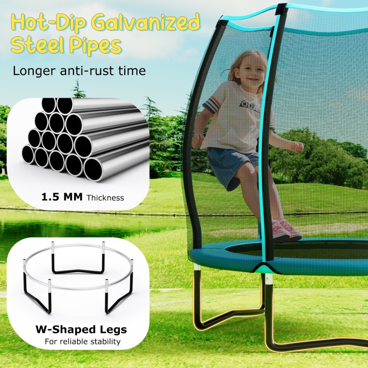 55-inch blue trampoline for kids featuring a safety enclosure net and robust galvanized steel frame for stability.