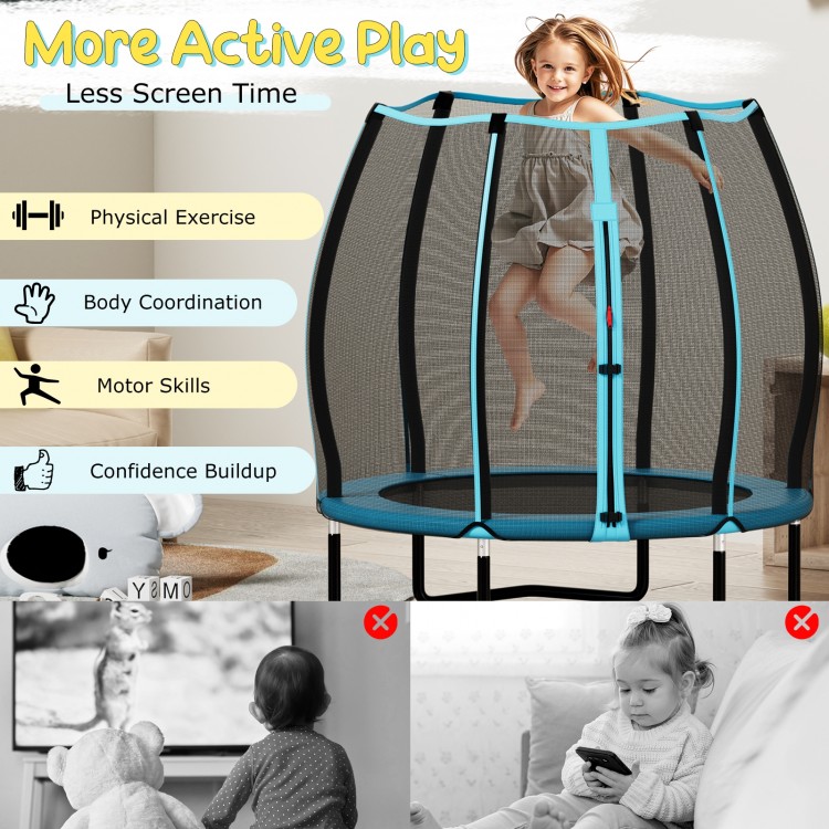 55-inch blue trampoline for kids with safety enclosure net, designed for indoor and outdoor active play.