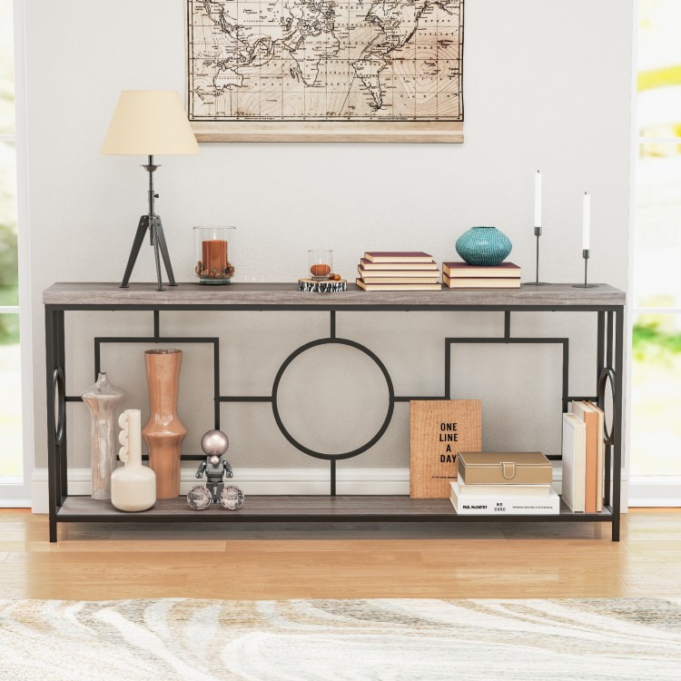 2-tier console table with faux marble top and metal frame, perfect for organizing decor in a hallway or living space.