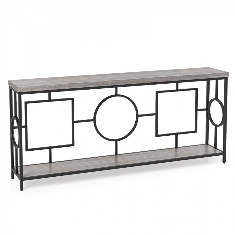 2-tier console table with faux marble top and metal frame, featuring geometric design for hallway organization.