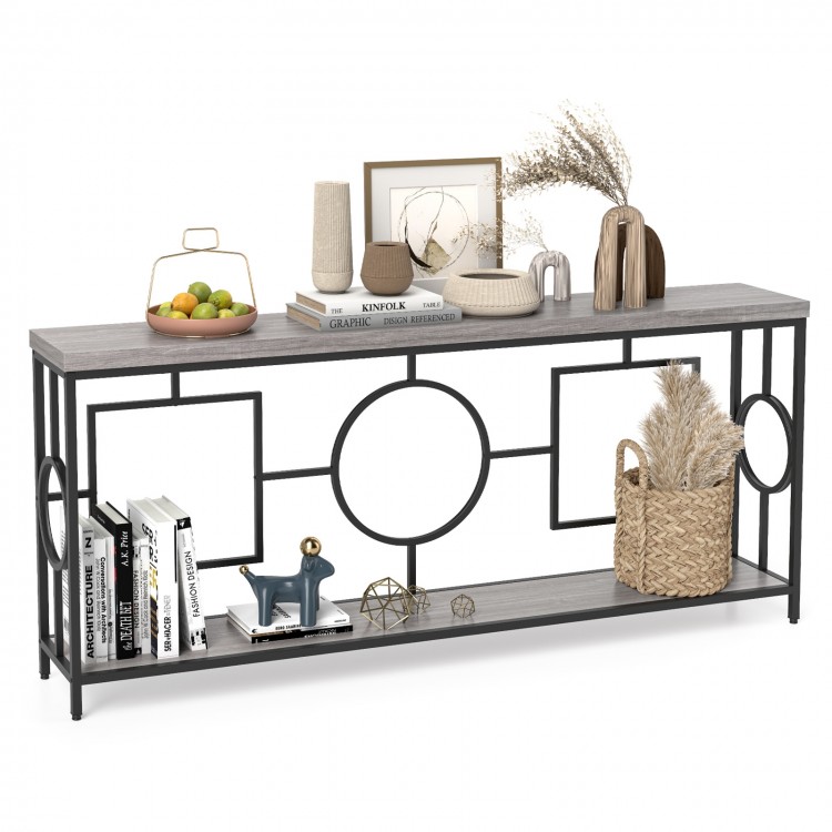 2-tier faux marble top console table with rustic brown finish, featuring a metal frame and ample storage for hallway.