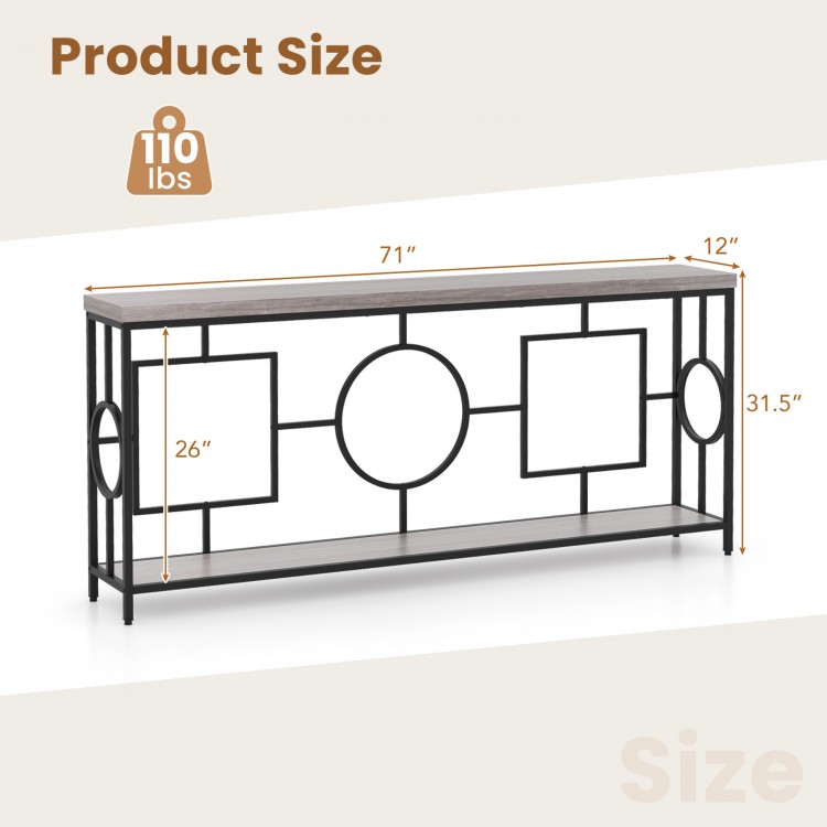 Faux marble top console table with metal frame, 71" wide, 2-tier storage for hallway organization in rustic brown.