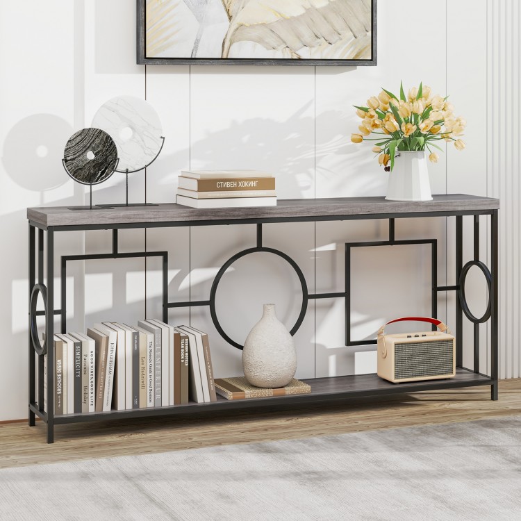 2-tier console table with faux marble top, rustic brown finish, and metal frame, perfect for hallway storage and.