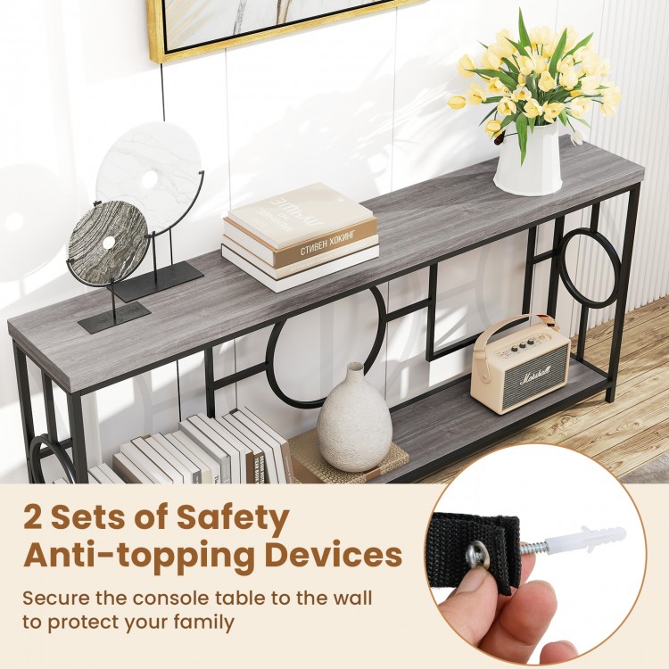 2-tier faux marble top console table in rustic brown with safety anti-topping devices for hallway organization.