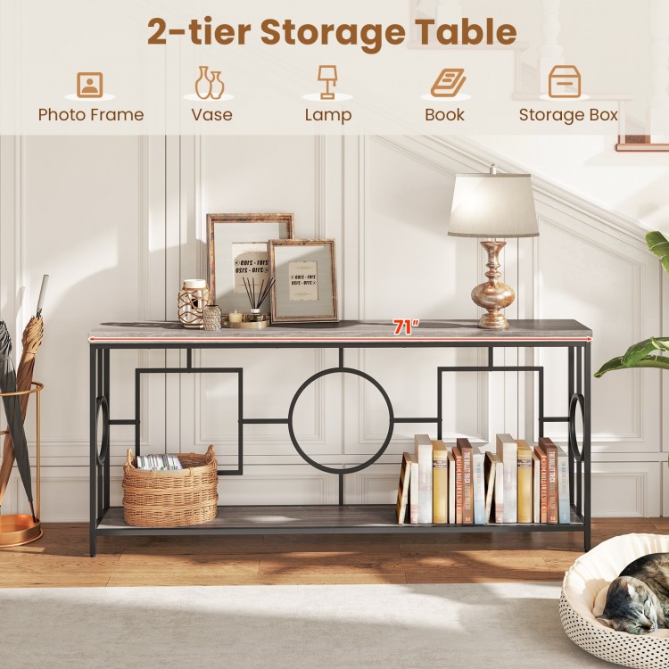 2-tier faux marble top console table with rustic brown finish, featuring a sturdy metal frame for hallway organization.