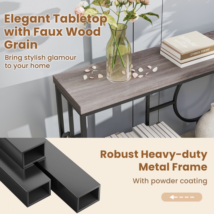 2-tier console table with faux wood grain top and robust metal frame, perfect for hallway storage and organization.