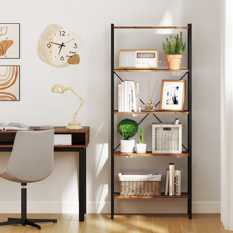 5-tier rustic brown bookshelf with open shelves and sturdy metal frame, ideal for living room or study organization.