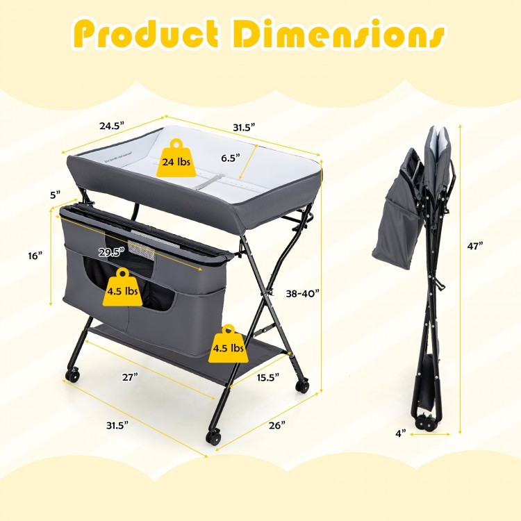 Portable adjustable height newborn nursery organizer in gray, featuring dimensions and foldable design for easy storage.