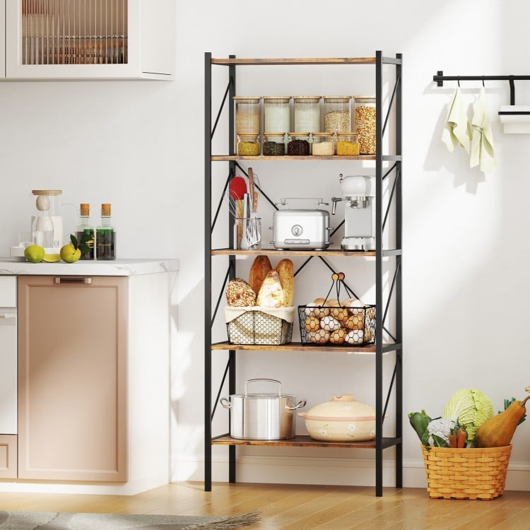5-tier bookshelf with rustic brown shelves and heavy-duty metal frame, ideal for kitchen or living room storage.