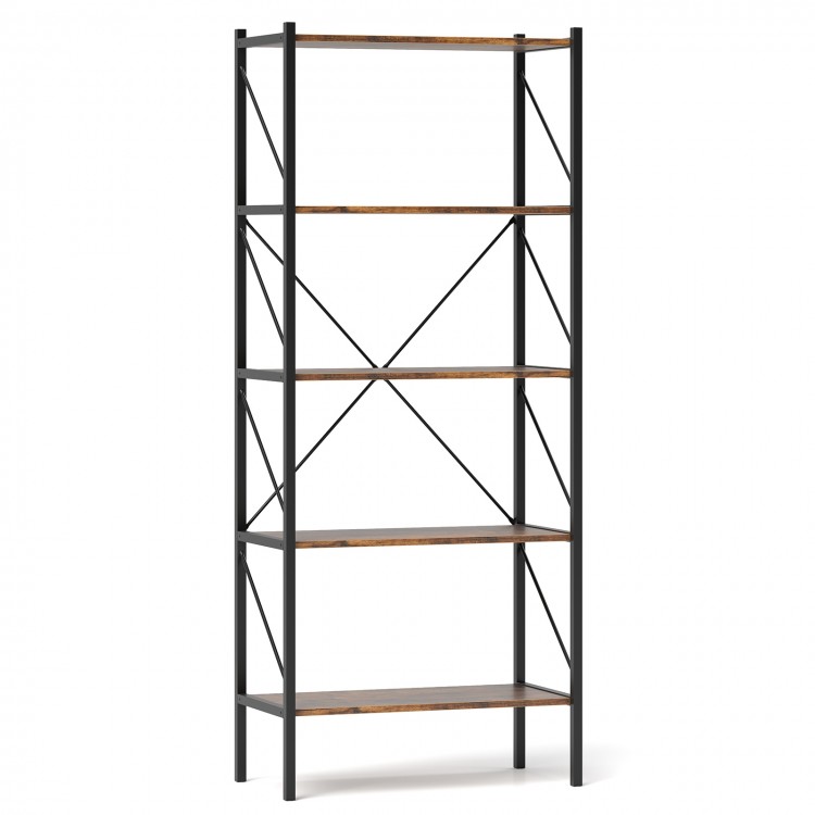 5-tier bookshelf with rustic brown shelves and heavy-duty black metal frame, ideal for living room or study display.