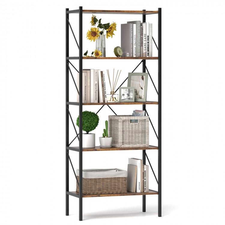 5-tier rustic brown bookshelf with metal frame, showcasing open shelves for storage and display in any room.