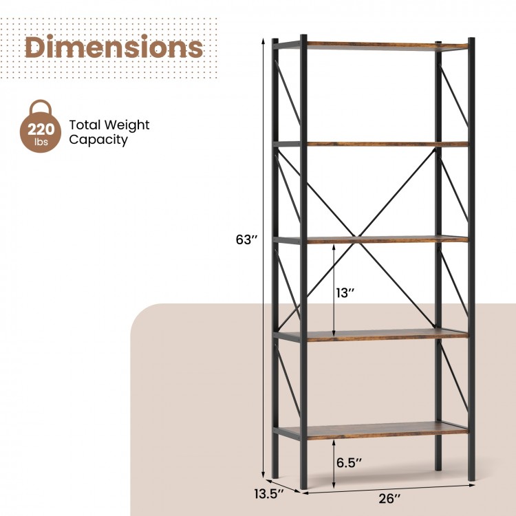 5-tier bookshelf with open shelves, rustic brown finish, heavy-duty metal frame, ideal for living room or study.
