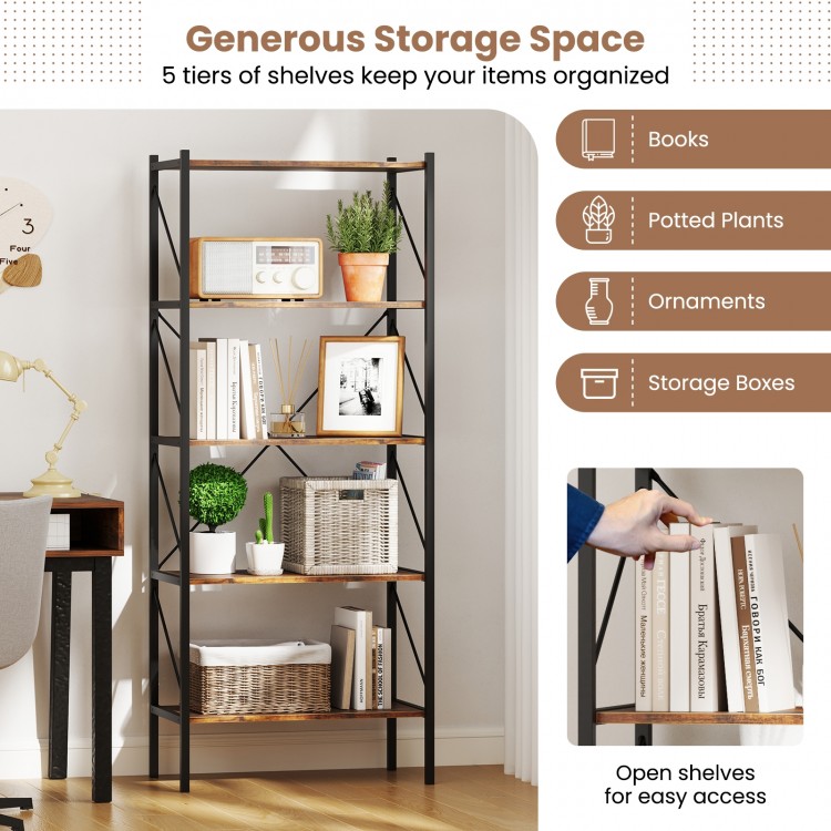 5-tier rustic brown bookshelf with open shelves, sturdy metal frame, ideal for living room and study organization.