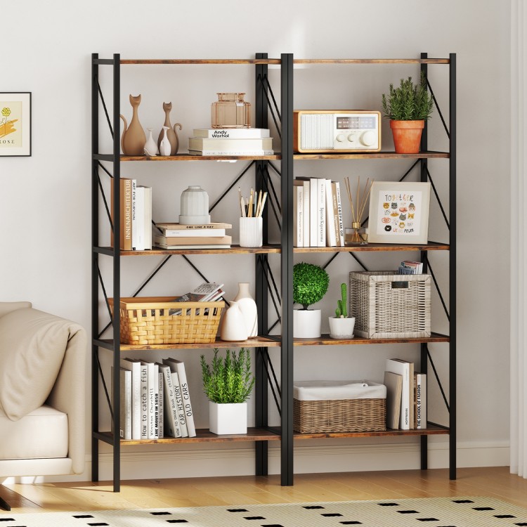 5-tier rustic brown bookshelf with open shelves and heavy-duty metal frame, ideal for living room or study organization.