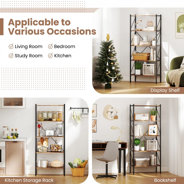 5-tier rustic brown bookshelf with open shelves and heavy-duty metal frame, ideal for living room, kitchen, or study.