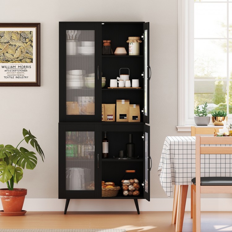 Tall black kitchen pantry cabinet with 4 transparent doors, featuring adjustable shelves for organized storage in any.