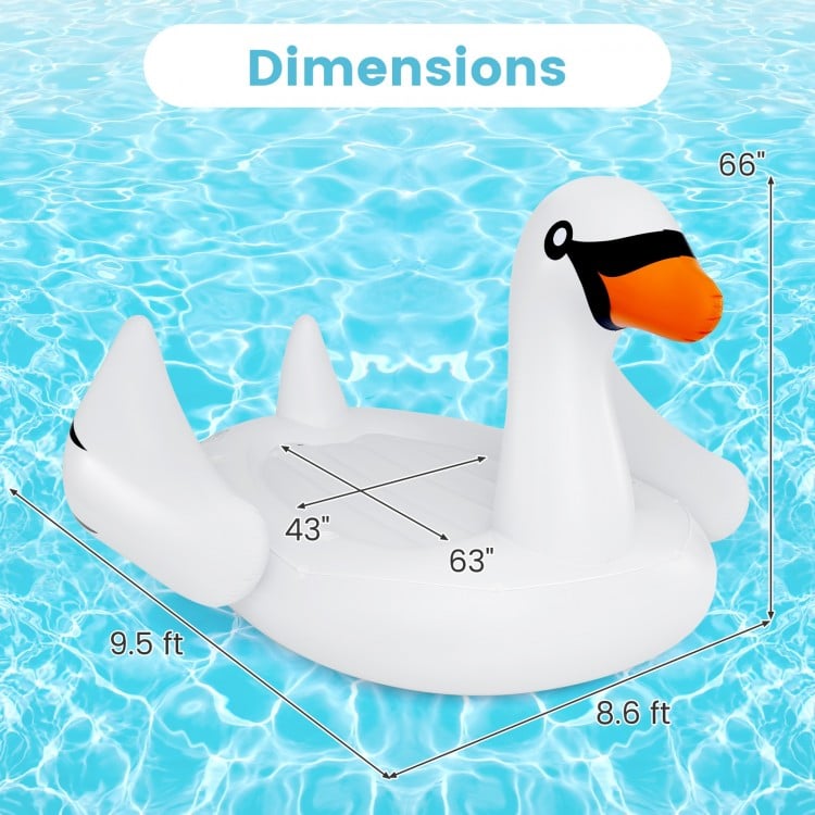 Giant inflatable swan pool float with dimensions 63" x 43", designed for 4 adults and featuring 4 cup holders.