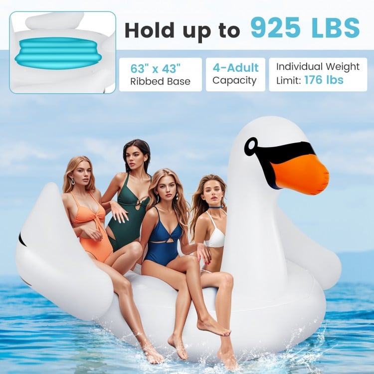 Giant inflatable swan pool float for 4 adults, 63" x 43", with 4 cup holders, perfect for water fun and sunbathing.