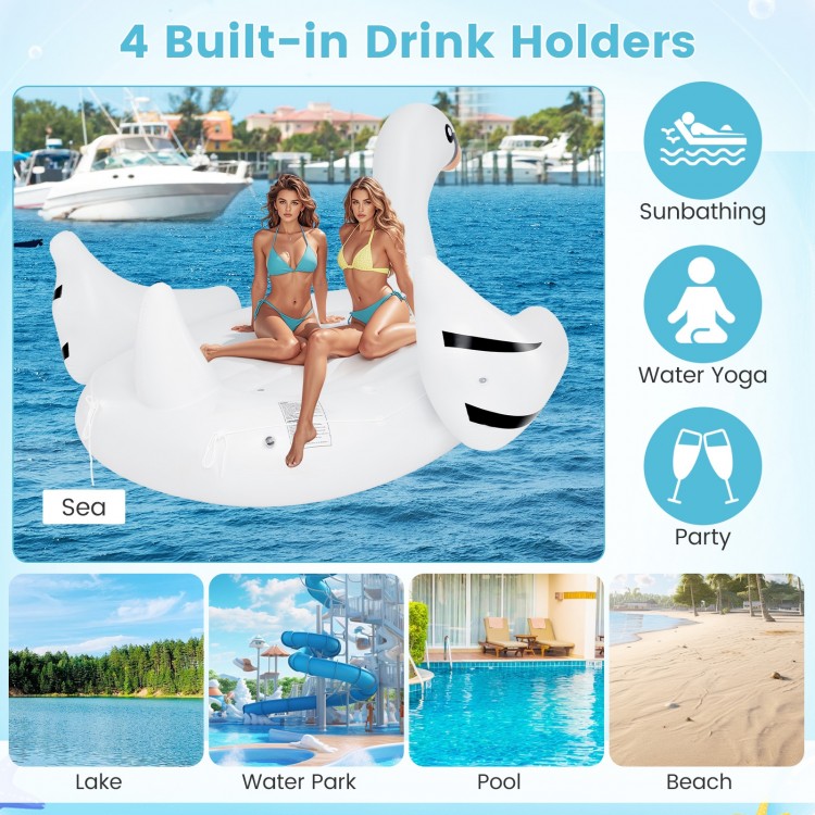 Giant inflatable swan pool float for 4 adults with 4 drink holders, ideal for sunbathing and water fun at the beach.