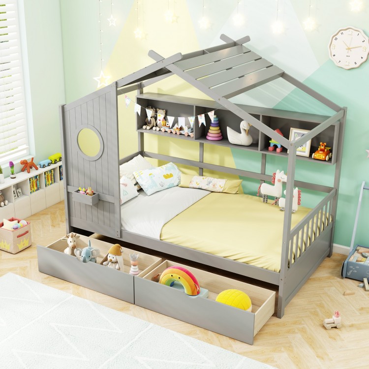 Twin size house bed in gray with fence guardrails, two storage drawers, and open compartments for organized play.