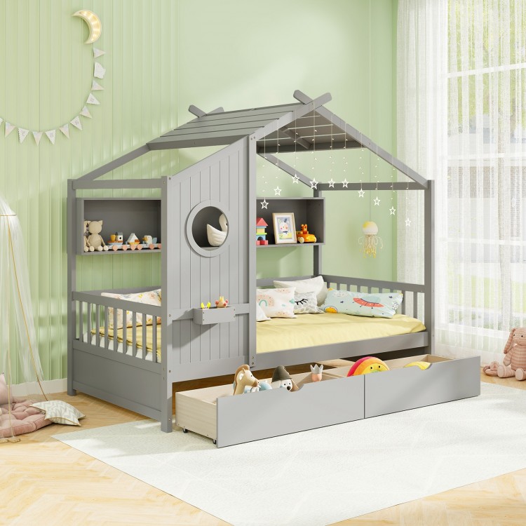 Twin size gray house bed with fence guardrails, two storage drawers, and open compartments for kids' themed rooms.