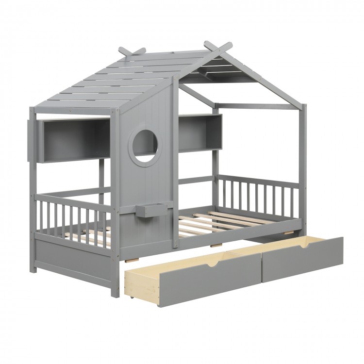 Twin size house bed in gray with fence guardrails and two storage drawers for organized bedroom fun.