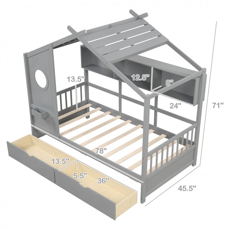 Twin size house bed in gray showcasing whimsical design with fence guardrails and open compartments for imaginative.