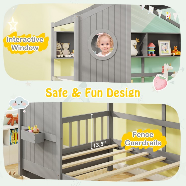 Twin size house bed in gray with interactive window, fence guardrails, and two storage drawers for organized fun.