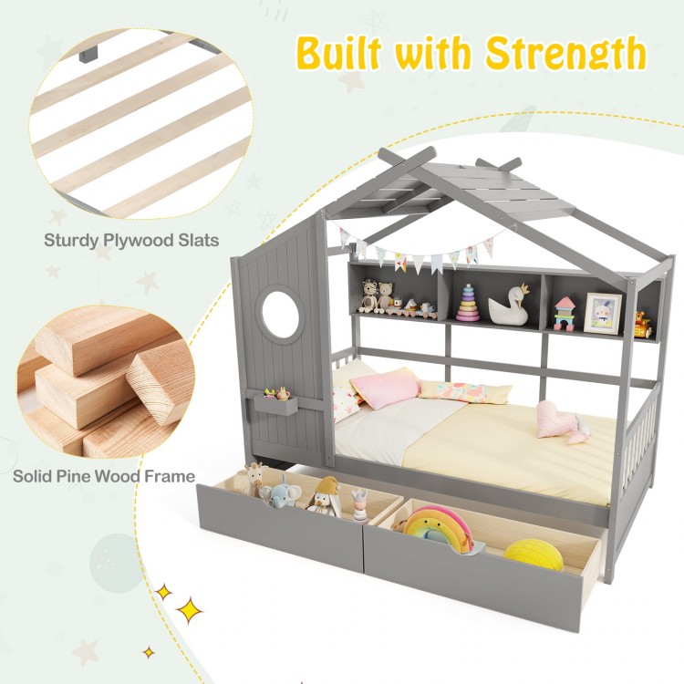 Twin size house bed in gray with solid pine wood frame, fence guardrails, and two storage drawers for organized play.
