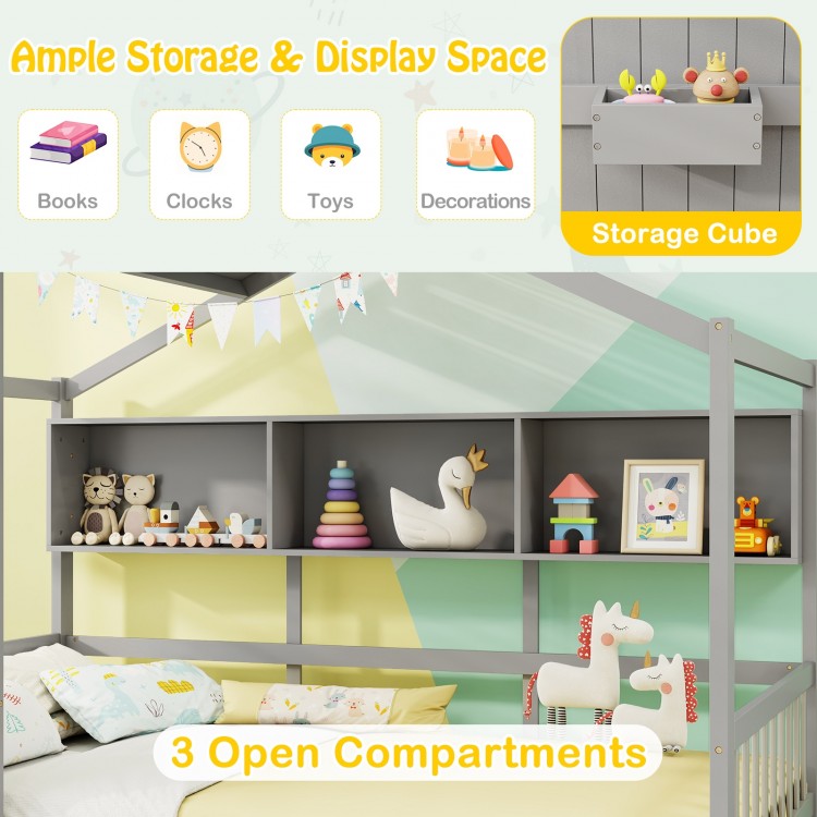 Twin size house bed in gray with 3 open compartments and 2 storage drawers for organized bedroom decor.