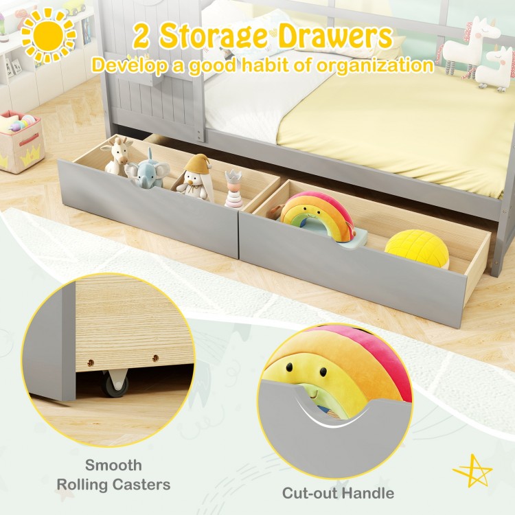 Twin size house bed with gray storage drawers, featuring smooth rolling casters and cut-out handles for easy access.