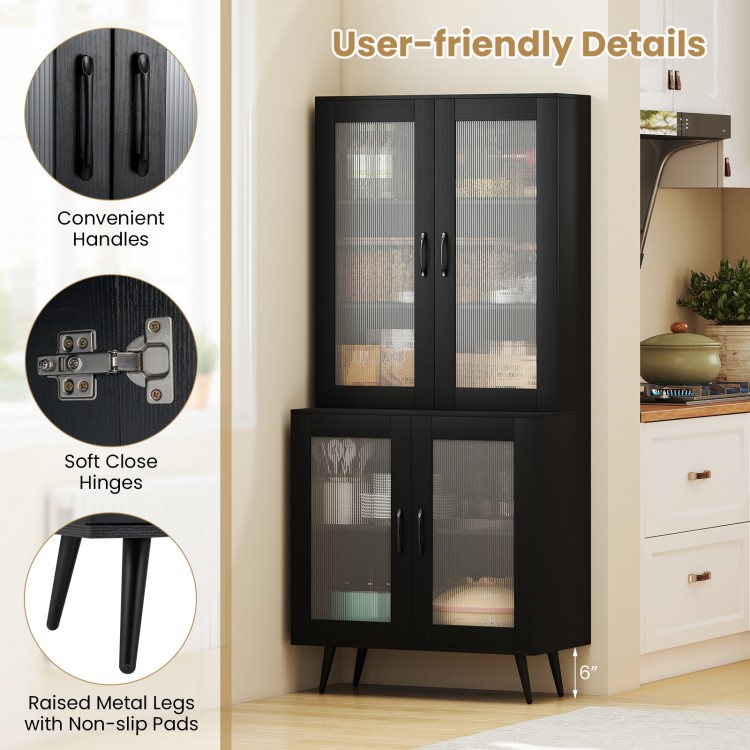 Tall black kitchen pantry cabinet with 4 transparent doors, adjustable shelves, and user-friendly details for organized.