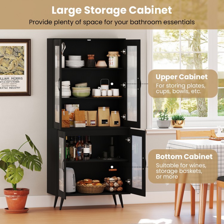 Tall black kitchen pantry cabinet with transparent doors, featuring adjustable shelves for organized storage in dining.