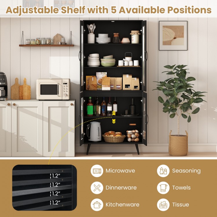 Tall black kitchen pantry cabinet with transparent doors and adjustable shelves for organized storage in dining or.