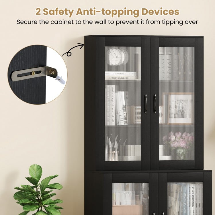 Detail of the 70.5 inch tall black kitchen pantry cabinet showing safety anti-tipping devices for secure wall.
