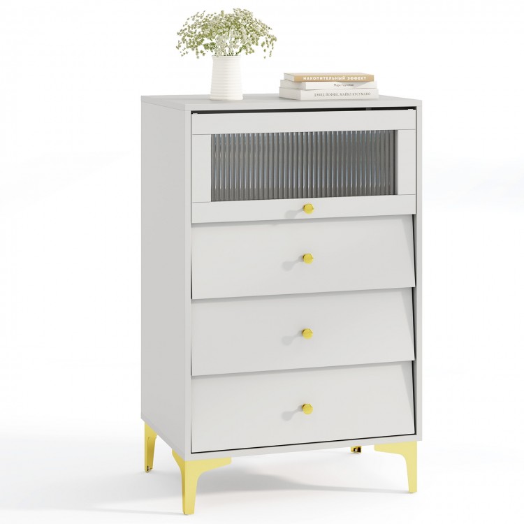 Gray modern storage cabinet with flip-up fluted glass door and three pull-out drawers, ideal for bedrooms and living.