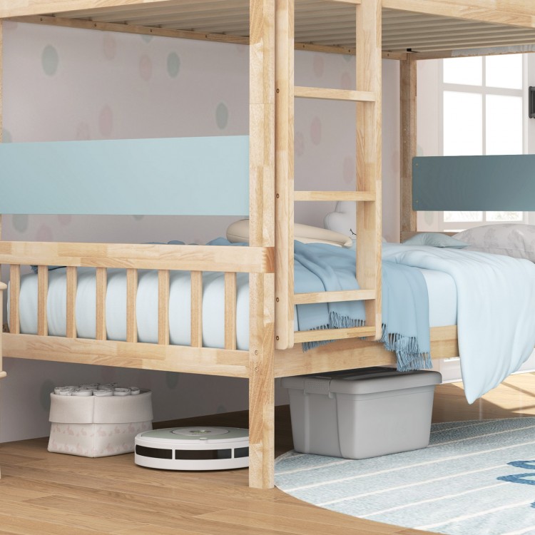 Twin over twin bunk bed in natural wood with ladder and guardrails, perfect for kids' rooms or guest spaces.