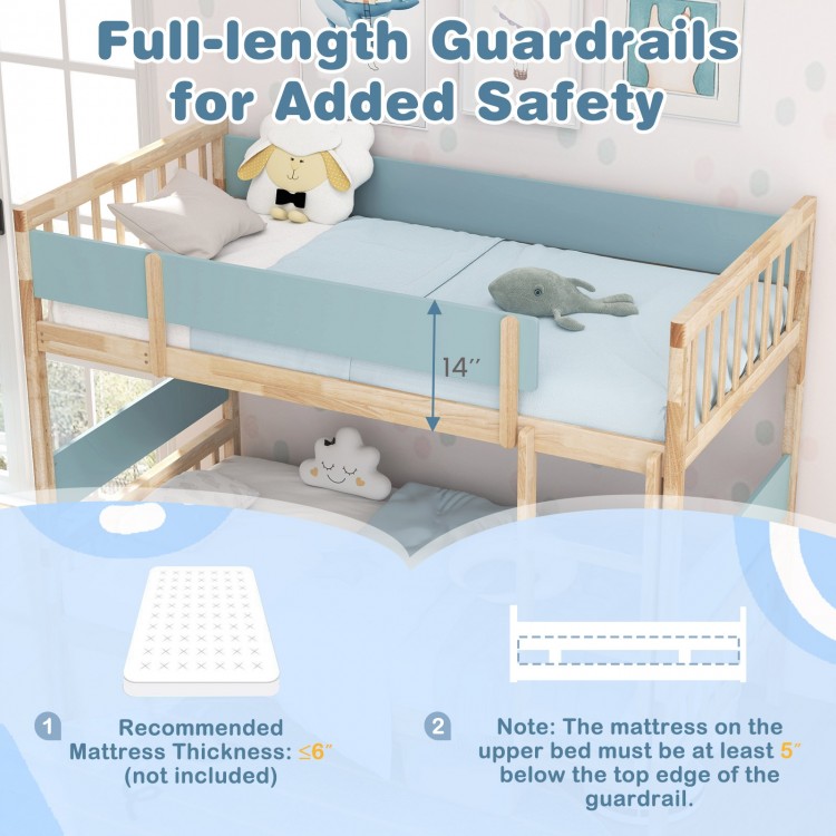 Twin over twin bunk bed with full-length guardrails and integrated ladder, designed for safety and stability in.