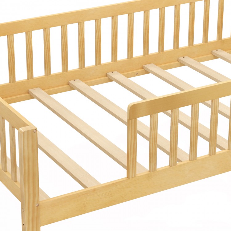 Twin size kids Montessori bed frame with natural pine wood, house-shaped headboard, and built-in storage shelf.