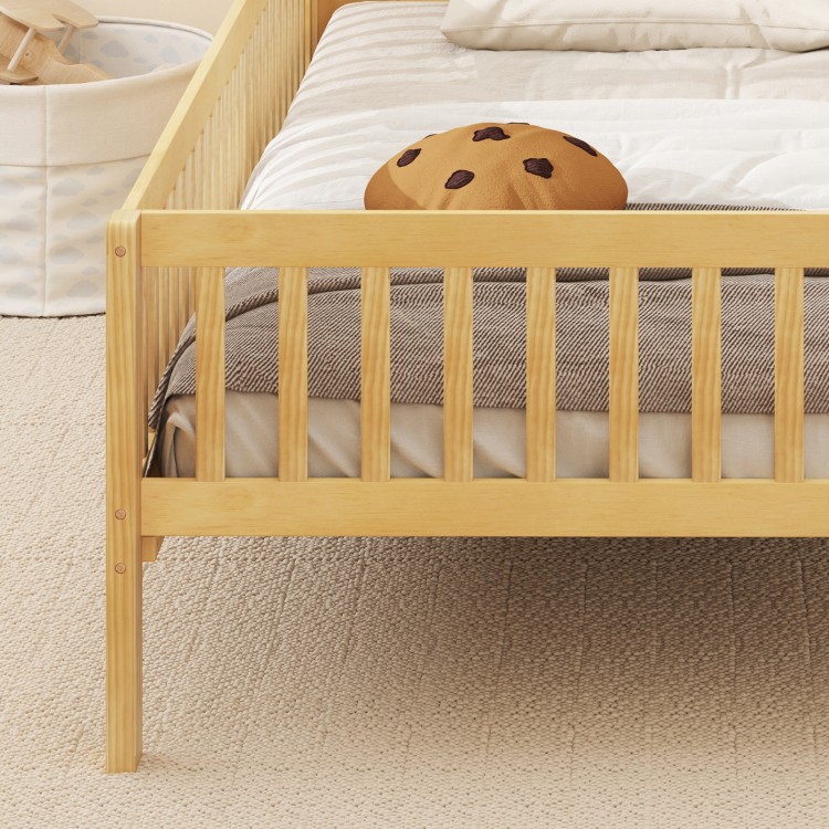 Twin size Montessori bed with house-shaped headboard, solid pine wood frame, and built-in storage shelf for kids' room.