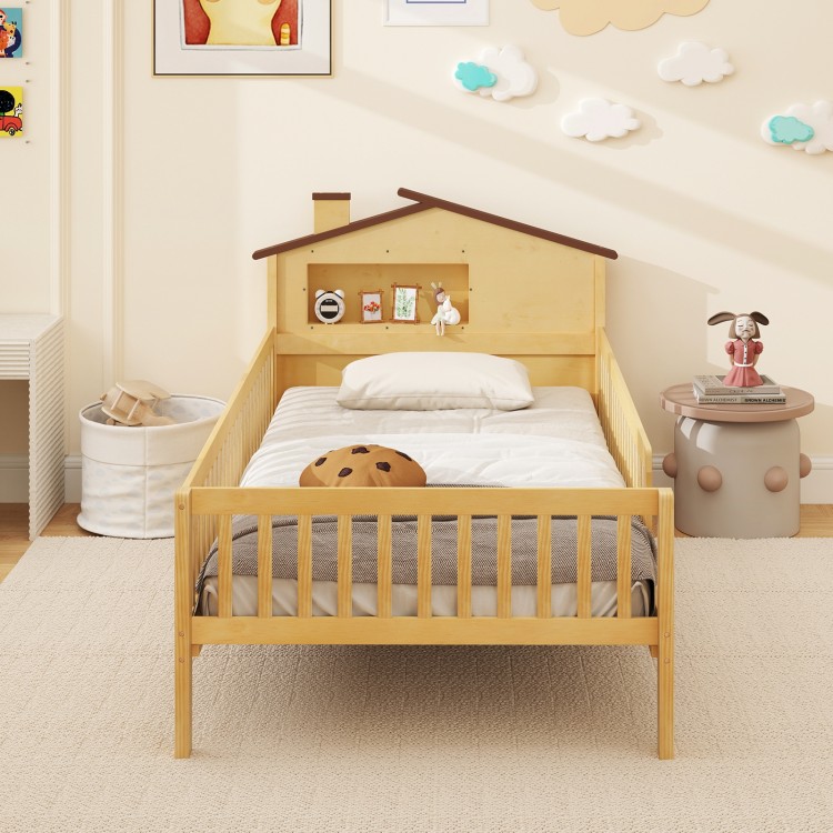 Twin size kids Montessori bed with house-shaped headboard and built-in storage shelf, crafted from solid pine wood.