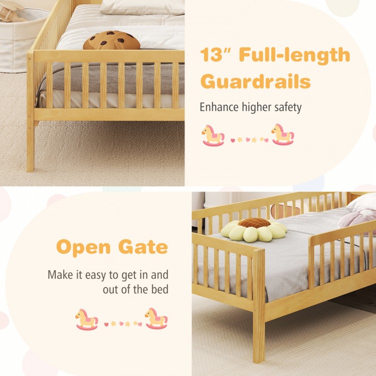 Twin size kids Montessori bed with house-shaped headboard, full-length guardrails, and built-in storage shelf for.