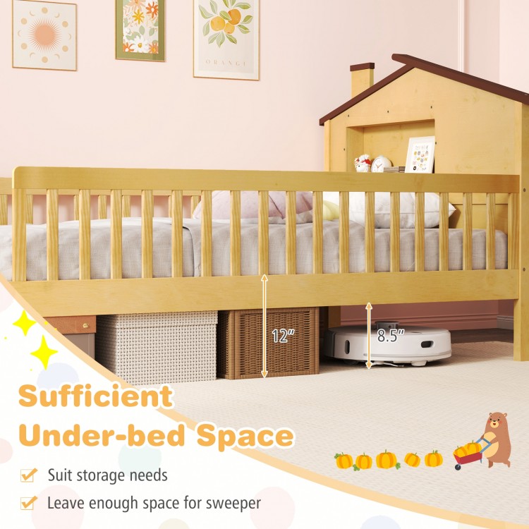 Twin size kids Montessori bed with house-shaped headboard and under-bed storage space for toys and easy cleaning.