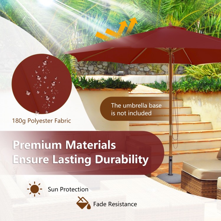 10-foot wine patio umbrella with 8 bamboo ribs, adjustable heights, and waterproof, fade-resistant fabric for outdoor.