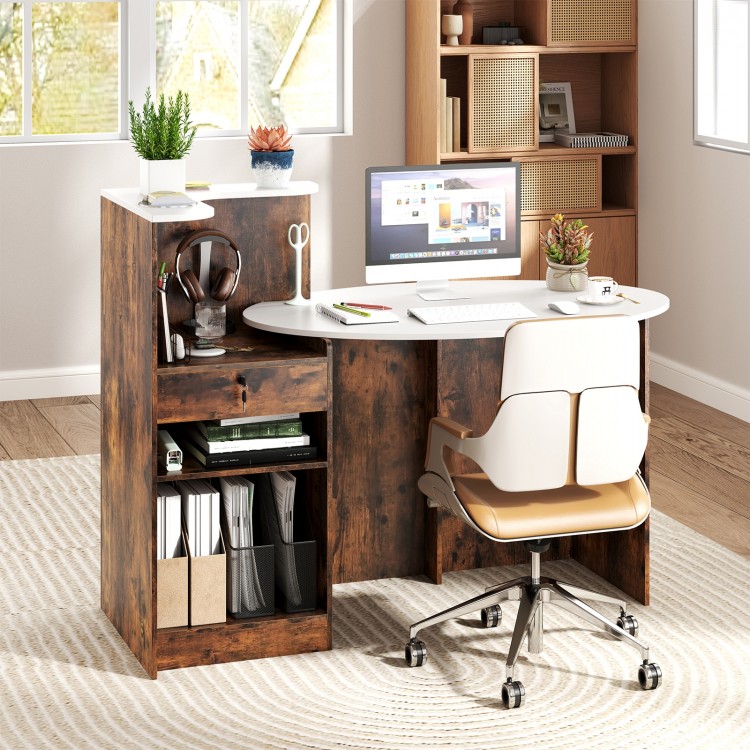 Modern reception desk with oval tabletop in rustic brown, featuring adjustable shelves and lockable storage drawer.
