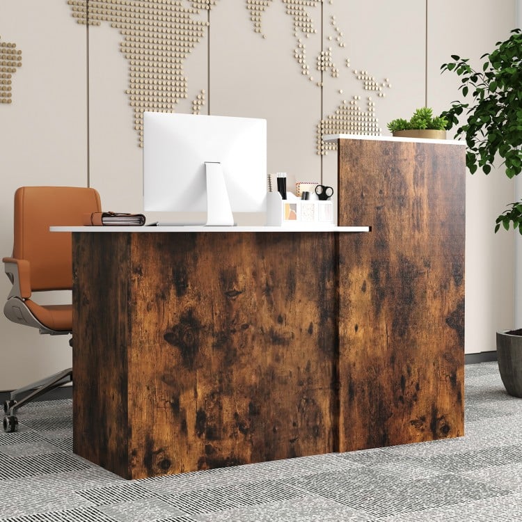 Modern reception desk in rustic brown with oval tabletop and lockable drawer, ideal for versatile office storage.